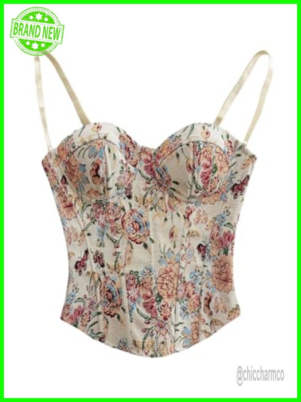 Floral Corset Cami Top Spaghetti Strap Bustier Sweetheart Neck Tie Back Crop